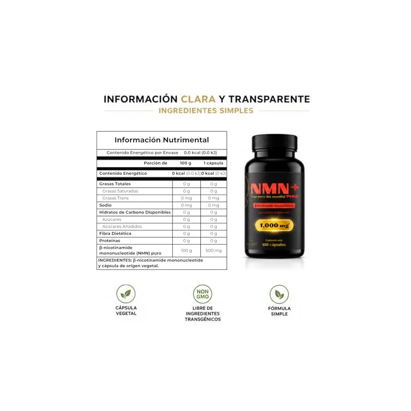 AKAM NMN 1000mg + Nicotinamide |Suplemento Vegano y Sin Gluten