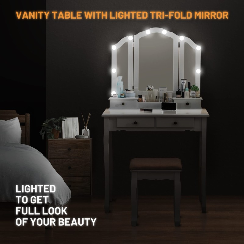 Makeup Vanity Desk with Lighted Mirror, Tri-Fold Vanity Table with