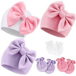 Newborn Baby Hats and Mittens Set Infant Bow Beanie Cap Toddler Gloves Newborn Hospital Hats for Baby Boy Girl Kid 0-6 Months