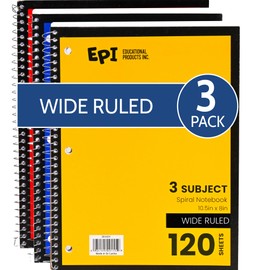 EPI Spiral Notebook | Wide - 120 Sheets, Durable Spiral Binding | 10.5 x 8 in | Classroom Supplies | School, Office, Note Taking, Journaling - 3 Pack
