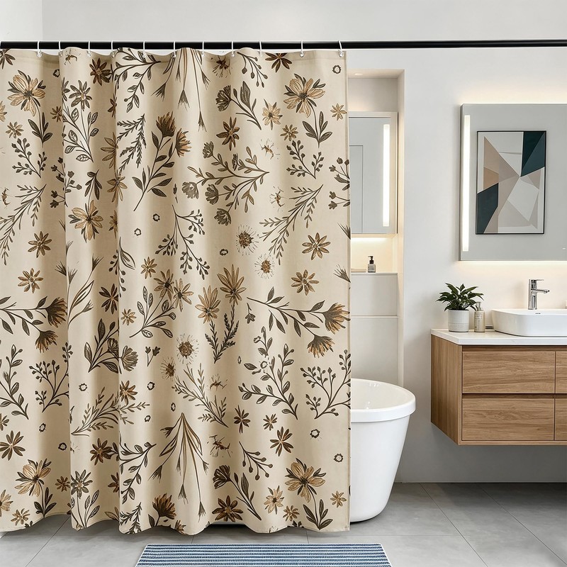 TIVNICO Golden Wildflowers Linen Shower Curtain Set with Liner,72" Wx72