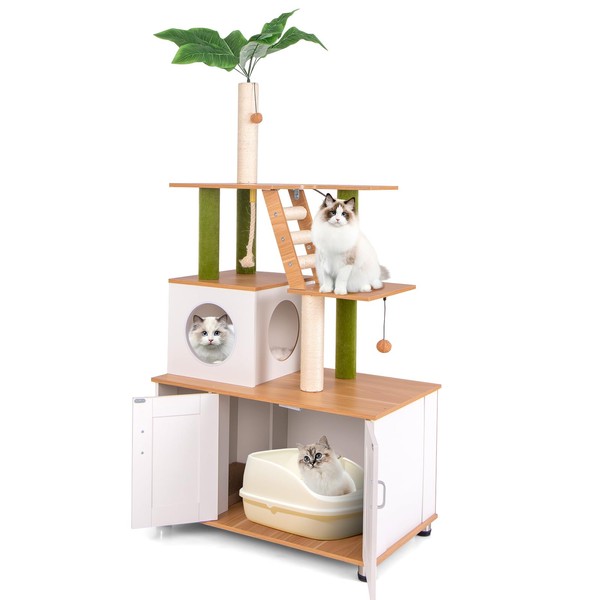 PETSITE Cat Tree with Litter Box Enclosure, Multi-Level Modern Cat