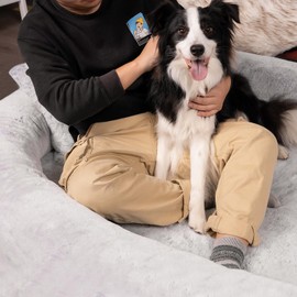 FURRYFECTION Human Dog Bed 71" x 45" x 14", Human-Sized Large Dog Bed Fits Adults and Pets, Washable Faux Fur Cover Giant Beanbag Bed, Napping Orthopedic Beds with Blanket and Pillow, Grey