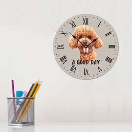 12 Inch Silent Non-Ticking Wall Clocks Battery Operated A Good Day Poodle Wooden Wall Decor for Home Pet Face Dog Custom Round Wooden Wall Clock Rustic for Dining Room Yoga Room