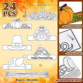 Whaline 24 Pack Thanksgiving Coloring Crowns with Elastic Rope Color Your Own Turkey Hats Pumpkin Maple Leaves Adjustable Coloring Headbands for School Craft Fall Thanksgiving Activity, 6 Design