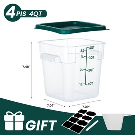 BIEAMA 4 Pack Food Storage Containers with Lids, 4 Quart Square Commercial Food Containers, NSF, Polycarbonate, Clear