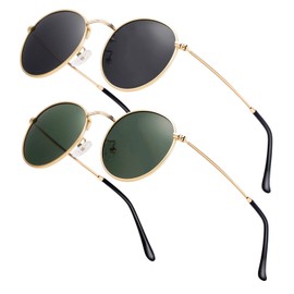 Htms Lennon Round Polarized Unisex Sunglasses Small Circle Polarized Sunglasses Vintage Classic UV400 Protection Sunnies (Gold Frame Black Lens and Gold Frame Dark Green Lens)