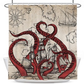 Coxila Vintage Octopus Shower Curtain Retro Ocean Nautical Coastal Gothic Goth Kraken Beach Sea Ship Cool Funny Fun Mens World Map Pirate Horror Bathroom 60 x 72 Inch Polyester Fabric 12 Pack Hooks