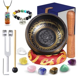 Singing Bowl, Tibetan Singing Bowl Set for Meditation Sound, 7 Crystal Stones and Tuning Forks, Chakra Bracelet with Chakra Necklace for Meditation And Yoga, Spiritual Healing, Mindfulness