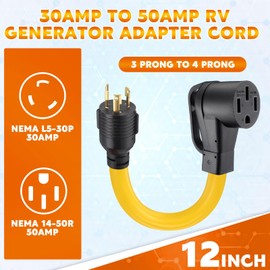 Tellegloww 30 Amp to 50 Amp RV Generator Adapter Cord Compatible with Nema L5-30P to 14-50R, 3 Prong Lock Male to 4 Prong Female Power Adapter Cord with Handles, STW 10 AWG/3C, 1FT, ETL Listed