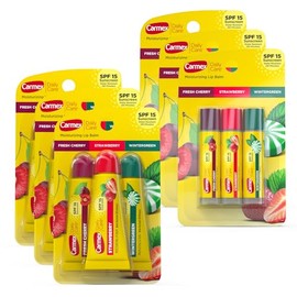 Carmex Daily Care - Bálsamo labial hidratante con SPF 15, paquete de bálsamo labial multisabor, 18 unidades (9 tubos, 9 barritos)