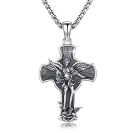 YueYuan Archangel Michael Necklace 925 Sterling Silver Saint Michael Cross Pendant Patron Saint Medals Religious Jewellery Gifts for Women Men