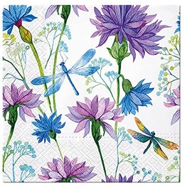 20 Napkins Dragonflies on Summer Flowers | Flowers | Animals | Timeless | Neutral | Floral | Spring | Summer | Table Decoration 33 x 33 cm