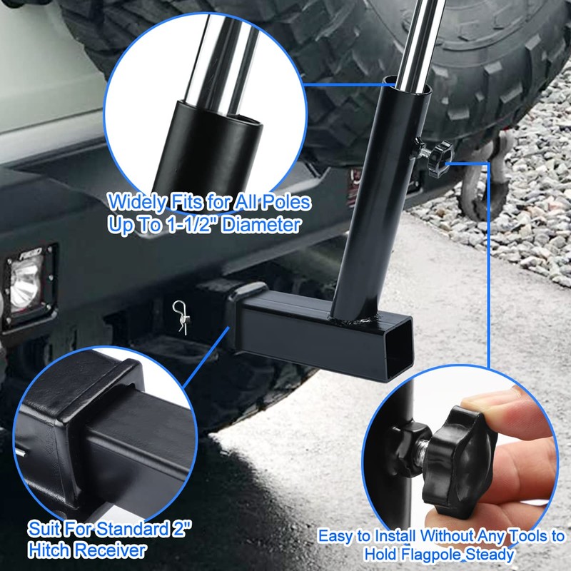 DenForste Hitch Flag Pole Holder, Flagpole Hitch Mount Universal, Angled