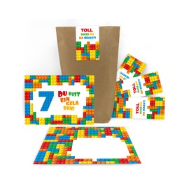 12 Invitation Cards for 7th Children's Birthday Boy Building Blocks Including 12 Envelopes, 12 Bags, 12 Stickers