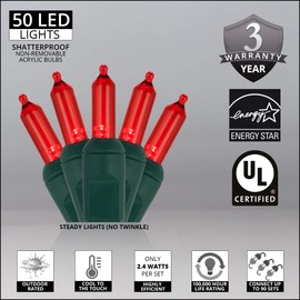 Wintergreen Lighting 50 T5 Christmas Tree Lights Red, 25.5' Christmas Lights LED Mini Lights Valentine's Day Holiday Lights Indoor-Outdoor Christmas String Lights