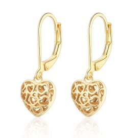 Silver Drop Earrings for Women Girls, Gold Hollow Heart Shaped Leverback Dangle Earrings Jewelry Gifts for Birthday Christmas
