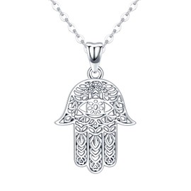 Hamsa Hand Necklace for Women,S925 Sterling Silver Fatima Hand Pendant Necklace Sacred Lotus Charm Jewelry Gift Women's Path of Symbols Friendship