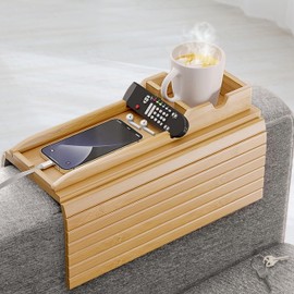 Couch Cup Holder, Bamboo Sofa Armrest Tray with Detachable Cup Holder – Foldable Anti-Slip Sofa Table Armrest Tray for Drinks, Snacks, Remotes & Phones – Universal Fit Organizer, Easy to Clean