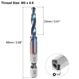 Sourcing Map 1pcs x M5 x 0.8 Combination Drill and Tap Bit, 1/4" Hex Shank, Blue Nano Coated HSS4341, 3-in-1 Drilling, Tapping, Countersinking
