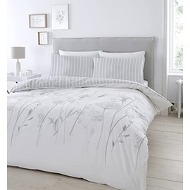 Catherine Lansfield Meadowsweet Floral 135 x 200 cm Duvet Cover and 1 80 x 80 cm Pillowcase White/Grey