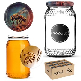 KADAX Honey Jars, 900 ml, Preserving Jars with Fi82 mm Screw Lid, Jars for Honey, Jam Jars, Screw Jars, Preserving Jars (Honey Bee, Pack of 8)