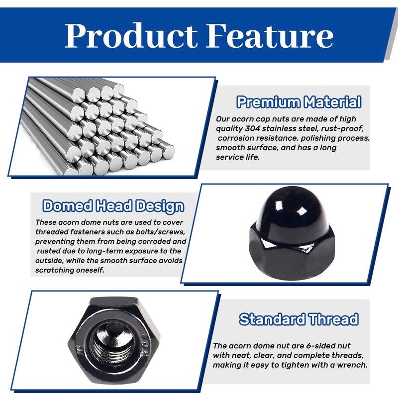 1/4"-20 Black Acorn Cap Nuts, 25Pcs Acorn Nuts, 304 Stainless