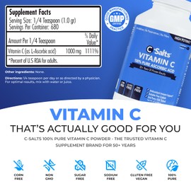 C-Salts Pure Ascorbic Acid Powder - High Dose 100% Pure Vitamin C Powder Supplement for Immune Support - Sugar-Free Powdered Drink with Soluble Fine Crystals, Organic, Corn-Free Non-GMO 24oz