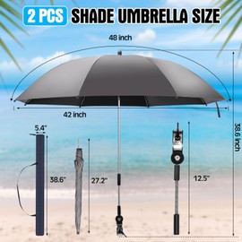 Talltalk 2 Pcs Beach Umbrella with Universal Clamp Adjustable Beach Shade Umbrella UV Protection Beach Chair Umbrella Portable Outdoor Umbrella for Camping Chair Patio Chairs Golf Carts(Gray)