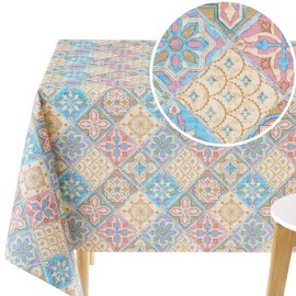 KP HOME PVC Table Cloth Wipe Clean Lisbon Tiles Pattern Vinyl Tablecloth Pink Beige Blue Rectangular 200 x 140 Portuguese Azulejo Table Cover 6 Seat - 78x55