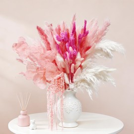 Dried Pampas Grass Bouquet All-Natural Fluffy Dried Plants with Amaranthus Bunny Tails for Vase Home Wedding Table Centerpieces Girls Room Decor Flower Arrangements 70Pcs (Pink)