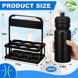 Suclain 14 Pcs Water Bottle Carrier with 20 Oz Bottles and Stickers Plastic Wide Mouth Sports Water Bottle Squeeze Team Bottles with Black Lid for Fitness Bike Gym (Black)