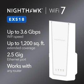 NETGEAR WiFi 7 Range Extender (EXS18) – BE3600 Dual-Band Wireless Internet Signal Booster & Repeater (up to 3.6 Gbps Speed) - Add up to 1,200 sq. ft., 40 Devices – WPA3 Security, Smart Roaming