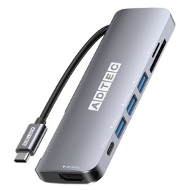 ADTECH 7-in-1 USB-C HUB Docking Station Pass-Through Support 5Gbps 4K/60Hz USB-A 3 Port High Speed Card Reader microSD/SD AHUB-VCA3P-4K30