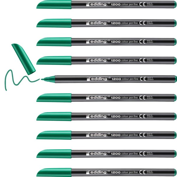 edding 1200 colour pen fine - green - 10 pens - round tip 1 mm - felt-tip pen for drawing and writing - for school or mandala