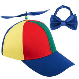 Framendino, Rainbow Propeller Hat Detachable Helicopter Top Cap Blue Brim Baseball Hats with Adjustable Bow Tie for Adult Costumes