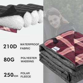 DUKUSEEK Large Camping Blanket - Waterproof, Quilted, Extra Thick Fleece, Warm, Windproof, Wearable, Includes Foldable Hood and Stuff Sack for Car, Outdoor Sports, Picnics, Stadiums, Dogs…