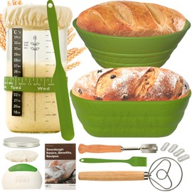 Sourdough Bread Baking Supplies 34 OZ Sourdough starter kit with 2 Bread Proofing Basket - Green