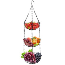 Wylnsie Iron Baskets Fruit Hanging Basket, Fruit Basket Hanging 3-Tier with Hooks, Hanging Shelf, Removable Fruit Basket for Kitchen, Vegetable Bread Organiser