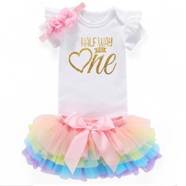 shlrzy Half Year Birthday Half Way To First Half Birthday Outfit Baby Girl Clothing Set White Bodysuit Rainbow Tutu 6 Months