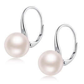 JiayangJY Solid Silver 8MM Pearl Earrings for Women Sterling Silver High Poilshed Simple Pearl Drop Earrings Lever Back 18K White Gold Plated Hypoallergenic