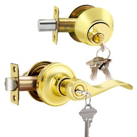 NIZADO Keyed Entry Door Lock Set Gold, Double Cylinder Deadbolts, Keyed Alike Exterior Door Lock, Reversible Door Handles, 1 Pack