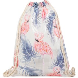 styleBREAKER transparenter Turnbeutel mit Flamingo und Palmen Print, wasserabweisend, Sportbeutel, Rucksack, Beutel, Unisex 02012250, Farbe:Rosa-Blau