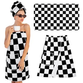 Fanfanwin 2 Pcs Checkered Bath Shower Wrap with Hair Towel, Black and White Checkerboard Wrap Towels for Women Soft Body Towel with Adjustable Closure and Pockets Bathrobe(L)