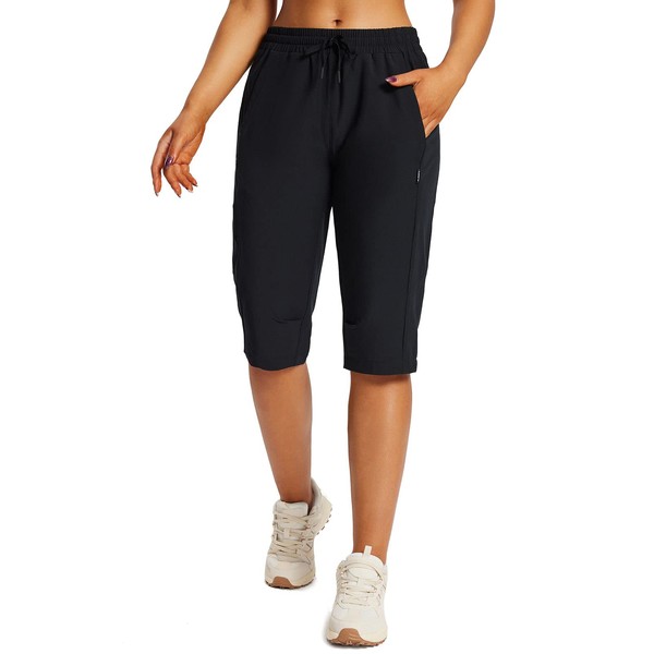 BALEAF Women's 15" Long Shorts Below The Knee Capri Hiking Cargo Shorts Lightweight Quick Dry Elastic Waist for Casual Black XL
