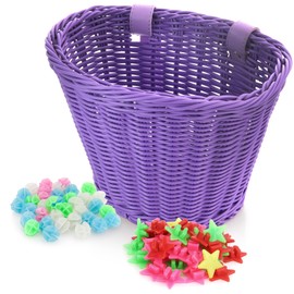 Spesh Children's Bicycle Basket Front Braided Children's Handlebar Basket with 72 Pieces Colourful Bicycle Spokes Decorations, Suitable for 12-20 Inch Children's Bikes (Purple)