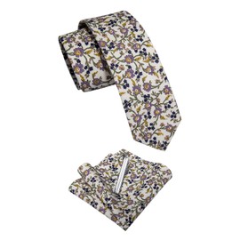 YourTies Cotton Purple Printed Floral Necktie Mens Skinny Tie and Handkerchief Tie Clip Set Wedding