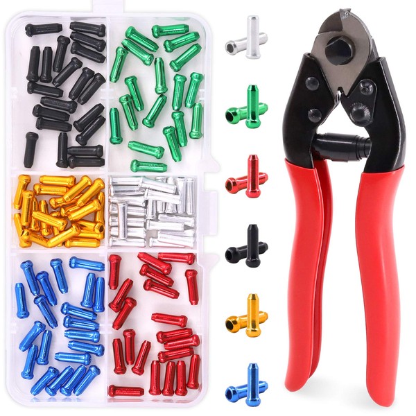 Glarks 121Pcs Bike Cable End Caps with Cable Cutter Set, 120Pcs 6 Colors Cable End Crimps Brake Cable End Caps with Stainless Steel Wire Rope Aircraft Bicycle Cable Cutter Up to 5/32"