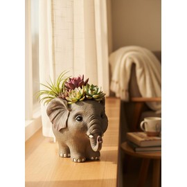 Youfui Elephant Planter Pot for Succulents, 6.7inch Resin Flower Pot with Drain Hole, Cute Animal Decor, Unique Gift for Christmas, Birthday, Mom, Housewarming (Brown)