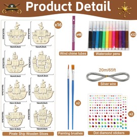 gisgfim 16 Pack Pirates Ship Wind Chime Kits for Kids Make Your Own Coloring Wooden DIY Arts and Crafts for Pirates Party Activities Decorations Supplies Favors School Classroom Girls Boys